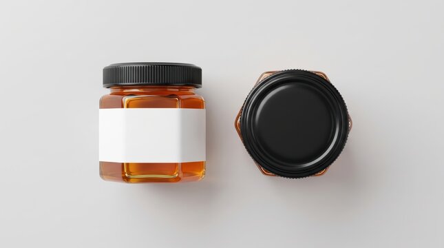 Hexagonal glass honey jar mockup with blank white label and top view on grey surface