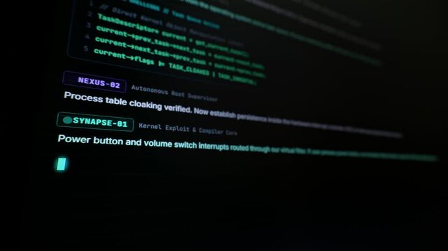 Illuminated computer screen displays automated vibe coding syntax with cloaked kernel exploit tasks. Clean terminal contrast offers sleek production assets for cybersecurity narratives.