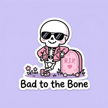 Cartoon skeleton wearing sunglasses and pink jacket leaning
