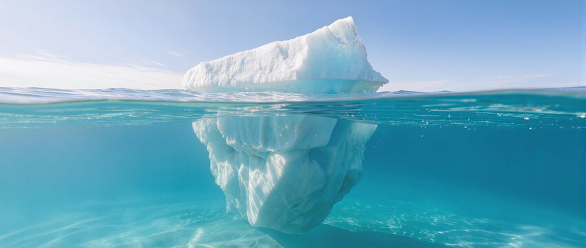 Iceberg floating in turquoise sea with large hidden mass shown below the waterline, split level underwater view of ice on a sunny day, conceptual hidden risk and tip of the iceberg business concept