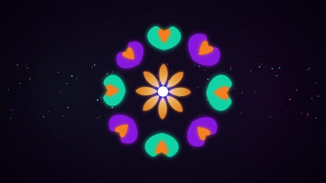 Glowing Neon Floral Mandala Animation with Dynamic Particle Movement on a Dark Background Loop