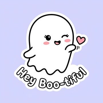 Halloween Cute cartoon ghost blowing a kiss with heart and text