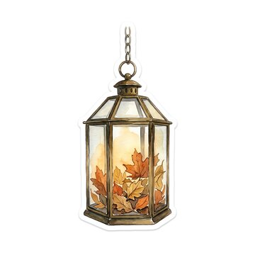 Hanging metal lantern filled with colorful autumn maple leaves