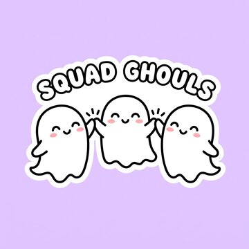 Halloween Three cute cartoon ghosts high-fiving with text on purple