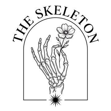 Skeleton hand holding a delicate flower inside an arched frame