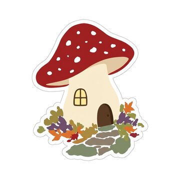 Whimsical mushroom house with a stone path and colorful autumn leaves