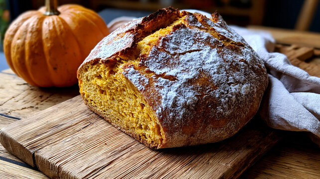 Homemade pumpkin bread dusted with flour sitting on a rustic wooden cutting board on white background