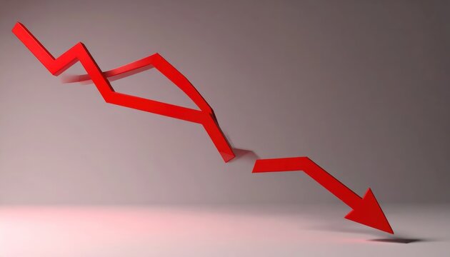 Red 3D arrow pointing down representing financial market crash.