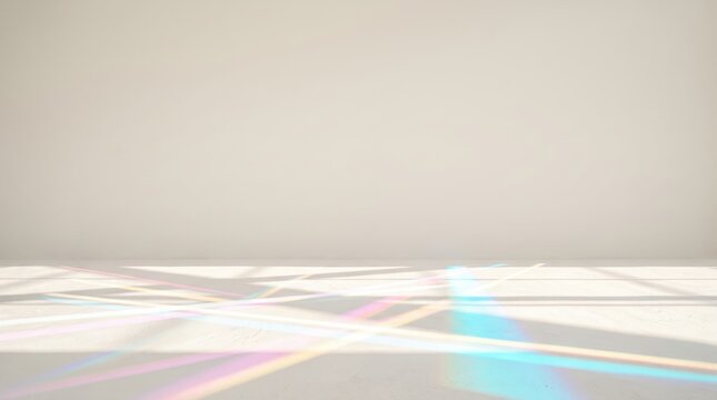 Abstract background with light rays and colorful spectrum reflections on a plain wall, minimalist interior design concept with soft light beams