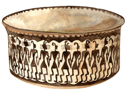 Prehistoric Hohokam ceramic bowl from North America, 900 to 1100 AD. Ancient Native American pottery basin featuring a painted frieze of figures dancing a sun dance, archaeological art. Artwork.