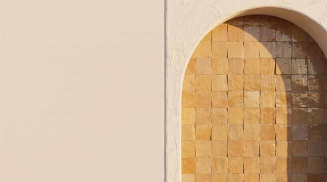 Arched alcove with glossy amber zellige tiles and textured beige plaster wall, mediterranean interior design background
