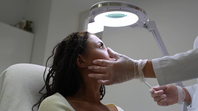 Cosmetology consultation as a specialist gently palpates the cheek of an African woman with braids. 4k video of facial assessment before cosmetic marking under an examination lam