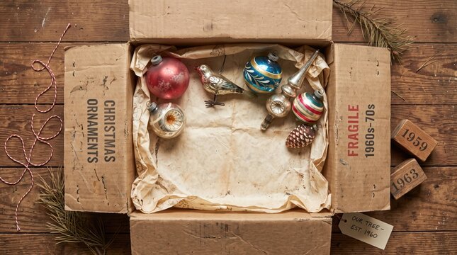 Vintage christmas ornaments in a cardboard box on a rustic wooden table, top view with festive decorations and nostalgic holiday memories