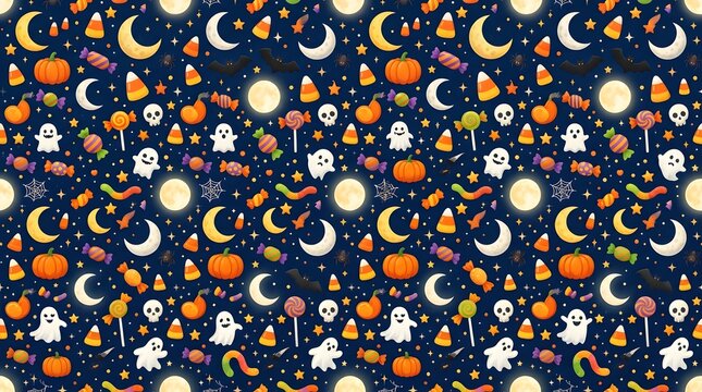 Seamless halloween pattern featuring vibrant pumpkins ghosts candy corn and spooky moons on dark blue background