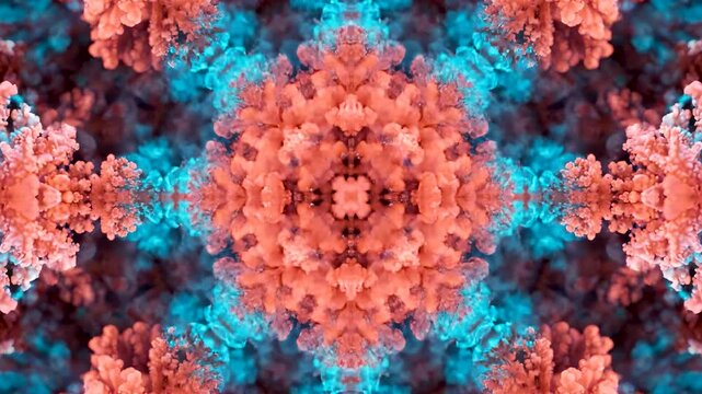 Organic marine shapes creating a beautiful repeating symmetrical pattern Blue and peach coral forming an intricate design.