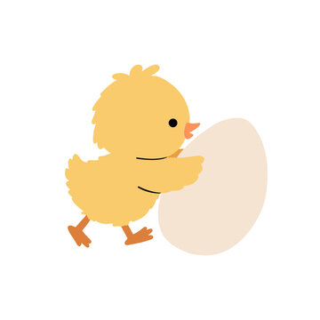 Easter Chick Pushing Egg Vector Illustration Cute Style