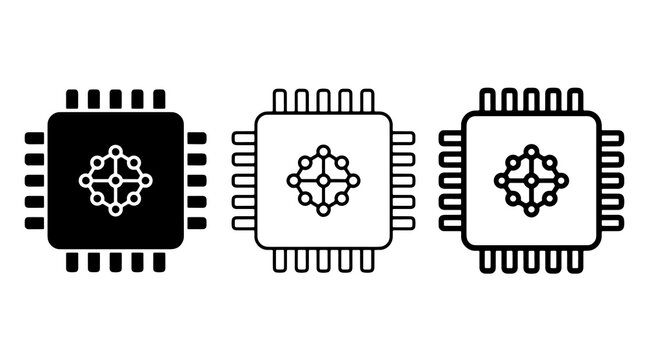 Black and white microchip processor vector icon set illustration