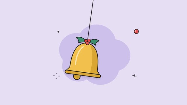 Golden Christmas bell with holly leaves and berries swinging on a string, clapper moving inside, on a lavender background. Seamless loop animation, flat vector line art, Full HD.