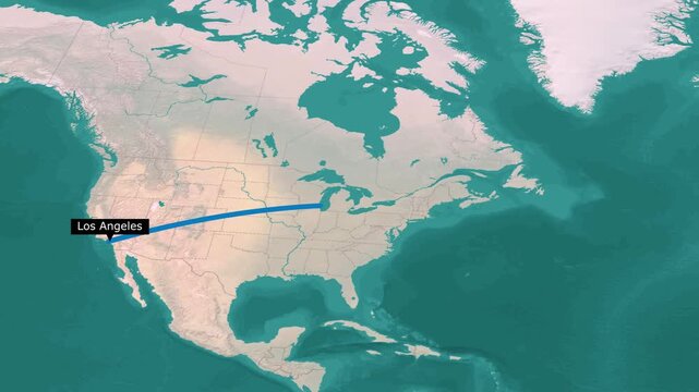 United States domestic flight route animation connecting Los Angeles to New York across continent
