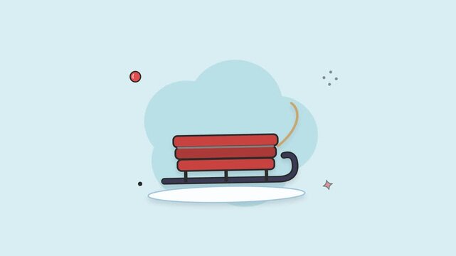 Red wooden sled with rope gliding gently on a snowy patch on a light blue background. Seamless loop winter fun animation, flat vector line art icon, Full HD.
