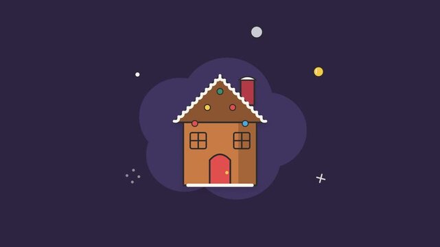 Gingerbread house with icing roof, candy decorations and glowing windows while chimney smoke rises on a dark purple background. Seamless loop Christmas animation, flat vector line art, Full HD.