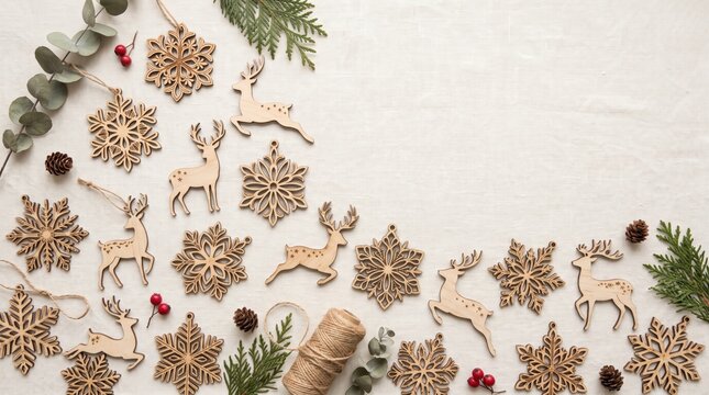 Christmas flat lay with wooden reindeer and snowflake ornaments, pine cones, and green eucalyptus branches on a light textured fabric background