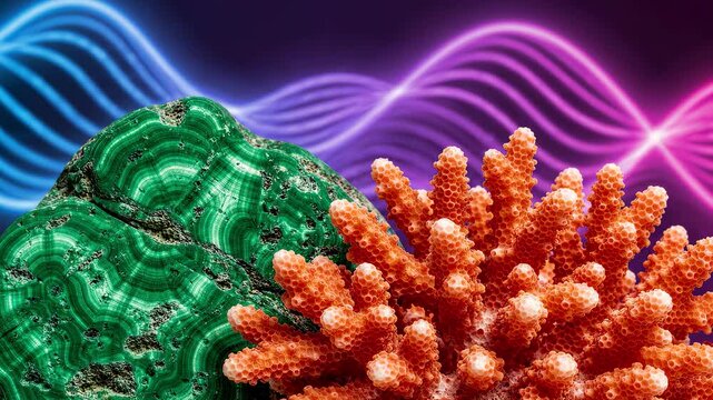 Malachite rock and branching coral with a patterned surface contrasting with glowing blue and pink wavy lines.