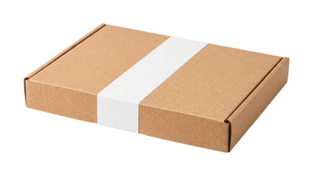 Flat rectangular cardboard package with natural kraft surface, slim rigid profile, crisp folded edges, and a clean white tape band wrapped around the center. Photorealistic studio product photography,