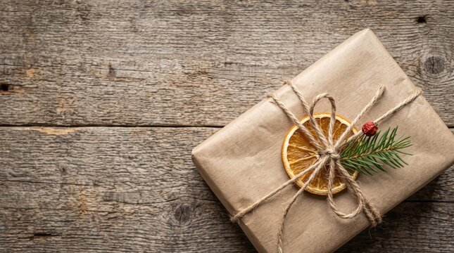 Christmas gift box wrapped in brown craft paper decorated with twine, dried orange slice, and a small pine branch on rustic wooden background