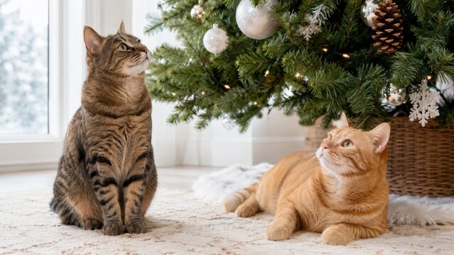 Two curious cats resting beside a decorated Christmas tree in a bright cozy home interior