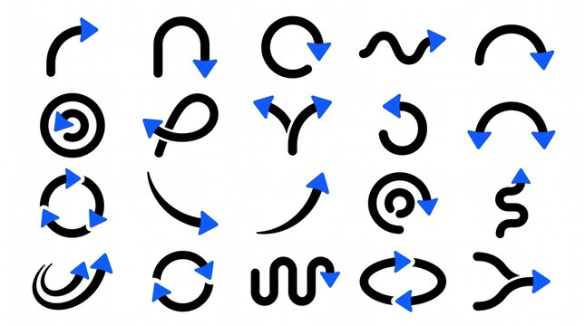 Various curved arrow designs with blue tips for flow charts and direction guidance.