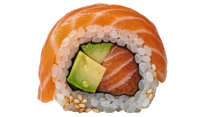 Fresh salmon and avocado sushi roll with sesame seeds, isolated on transparent background © Constantin