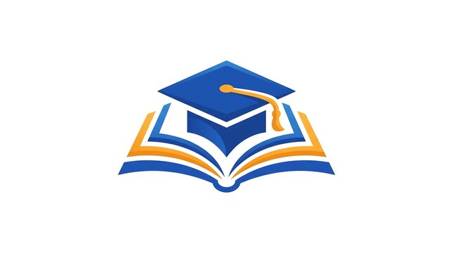 Education logo design featuring a blue graduation cap sitting on an