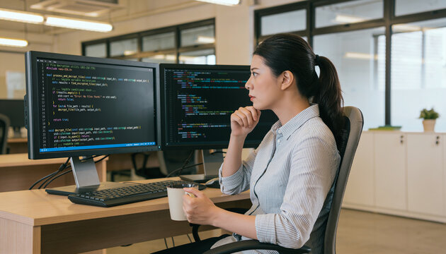 Thoughtful Asian female software engineer analyzing programming code on dual computer monitors while holding a cup of coffee at office desk