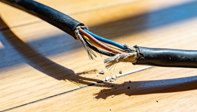 Damaged and frayed electrical power cable with exposed wires lying on a wooden table, representing safety hazards, faulty wiring, and maintenance issues