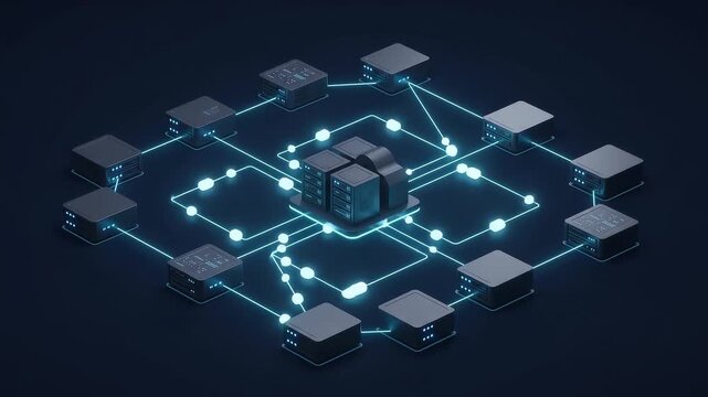 Decentralized server nodes interconnected by glowing blue data pathways linked to central cloud servers, symbolizing edge computing architecture, cloud technology B2B, and distributed networks.