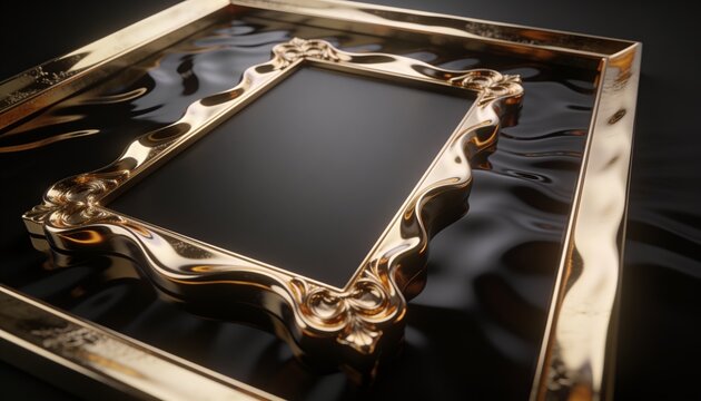 Displaying ornate inner gold frame resting on glossy rippling black plane, with matte black panel
