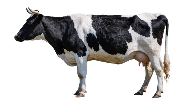 Black and white Holstein Friesian cow with udder, isolated on transparent background