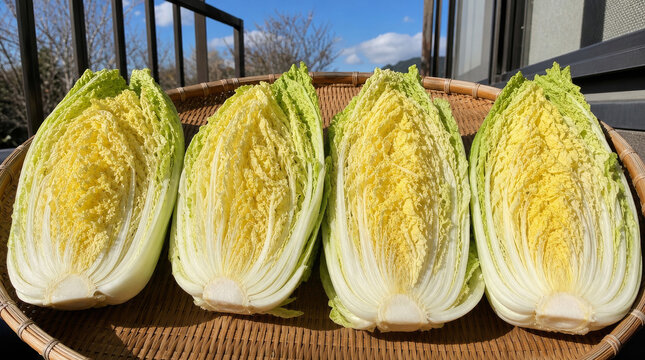 4つ割りにした白菜をざるで天日干し 白菜漬けの下ごしらえ