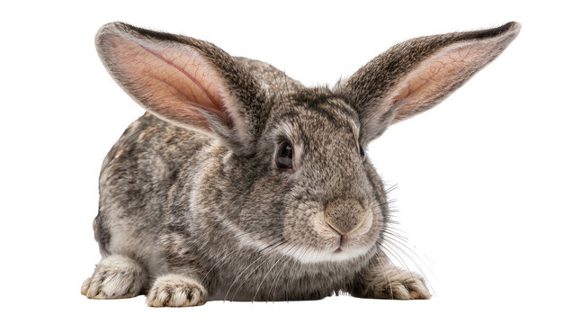 Fluffy grey rabbit with long ears, isolated on transparent background