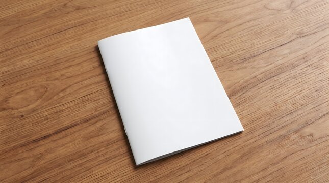 A blank white brochure mockup resting on a clean wooden table surface for print presentation