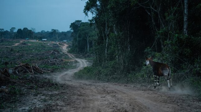 An okapi walks along a dirt road beside a forest clearing in a misty rainforest landscape