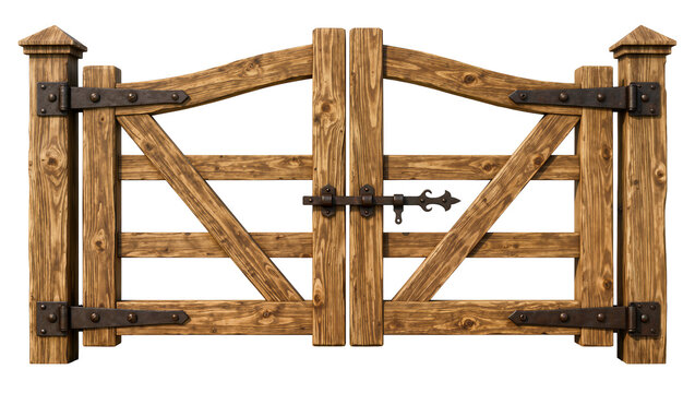 Rustic wooden double gate with ornate metal hinges and latch, isolated on transparent background