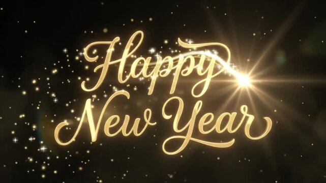 Golden happy new year cursive text glowing with sparkling particles