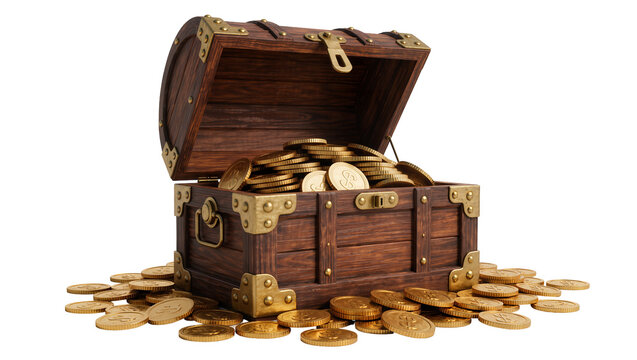 Antique wooden treasure chest overflowing with gold coins, isolated on transparent background