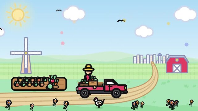Cartoon Farmer Loading Fresh Produce Crates Onto Pickup Truck In Farm Landscape Vector Animation Design Illustration For Agricultural Business