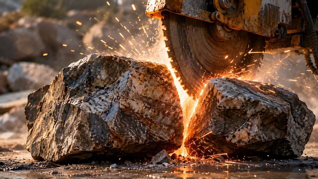 Industrial diamond saw cutting large granite rock with flying sparks