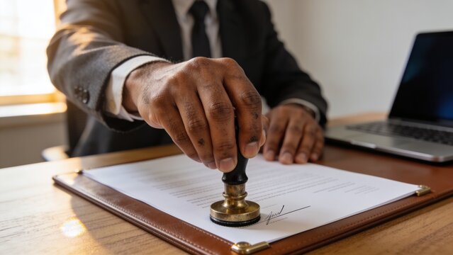 Stamping businessman in dark suit and tie at office desk, with rubber stamp and signed document