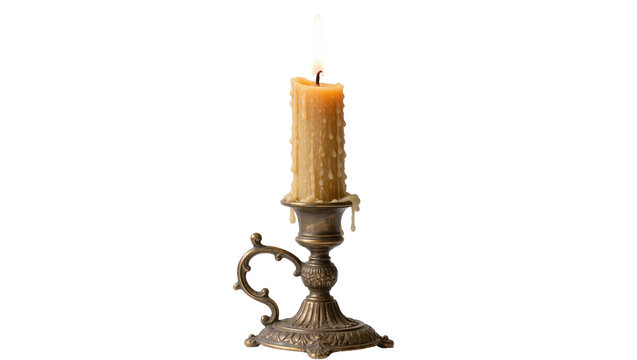 Antique brass candlestick holding a dripping beeswax candle, isolated on transparent background