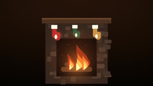 Burning fireplace with bright glowing flames and hanging Christmas stockings during winter holiday season inside cozy home living room interior design